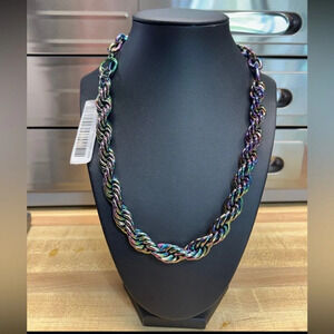 NATASHA Heavy Braided Metal Twisted Iridescent Oil Slick Statement Necklace NWT